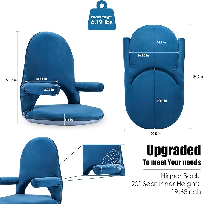 Nnewvante Floor Folding Chair Armrest, 42 Position Back Support Adjustable Floor Seat Washable Stackable Cushion for Class Meditation Playing Adults Kids,Ctystal Velvet Navy Blue - LeafyLoom