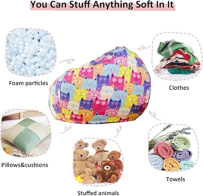 Nobildonna Stuffed Animal Storage Bean Bag Chair Cover Only for Kids Girls Toddler, Large Beanbag Chair without Filling for Organizing Children Soft Plush Toys - LeafyLoom