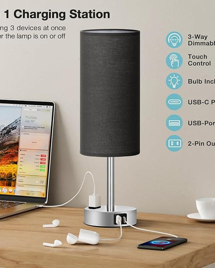 Black Bedroom Table Lamp for Bedside - 3 Way Dimmable Touch Lamp USB C A Charging Ports and AC Outlet, Small Desk Lamp for Nightstand for Living Room with Silver Base, Office Desk, LED Bulb Included - LeafyLoom