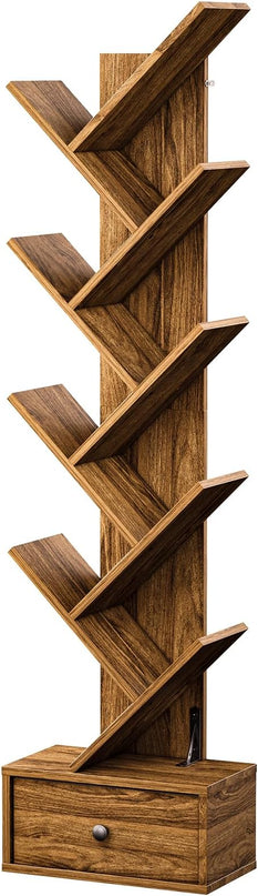 Pipishell Bookshelf with Drawer, 8-Tier Vertical Tree Bookshelf, Modern Bookcase, Modern Book Storage, Book Shelf Organizer for Living Room, Bedroom, Home Office, Rustic Brown, PIBS03WN - LeafyLoom