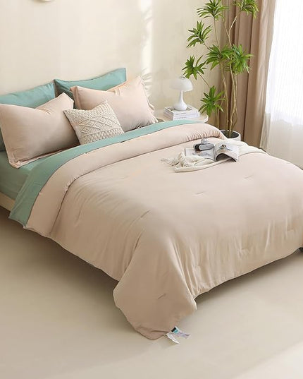 MILDLY Full Size Comforter Set 7 Piece Color Clash, Khaki Bed in a Bag, All Season Bedding Sets with 1 Comforter, 2 Pillow Shams, 2 Pillowcases, 1 Flat Sheet, 1 Fitted Sheet - LeafyLoom