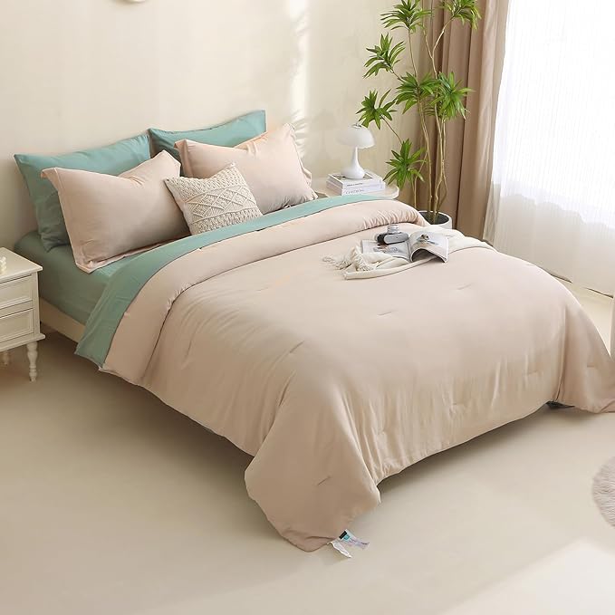 MILDLY Full Size Comforter Set 7 Piece Color Clash, Khaki Bed in a Bag, All Season Bedding Sets with 1 Comforter, 2 Pillow Shams, 2 Pillowcases, 1 Flat Sheet, 1 Fitted Sheet - LeafyLoom