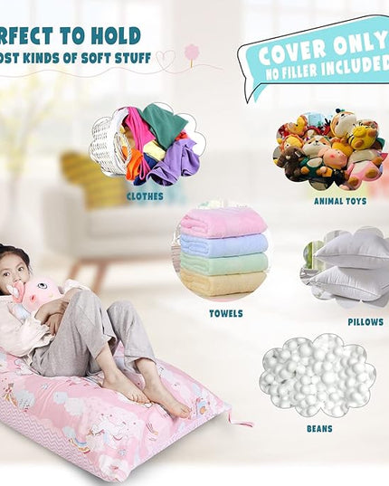 Stuffed Animal Storage Bean Bag Chair Cover, Cotton Pink Unicorn Plush Toy Storage Stuff and Sit Seat for Kids/Teens/Adults, 52" x 31" Extra Large Triangle Floor Sofa, 200L/52Gal, Cover Only - LeafyLoom