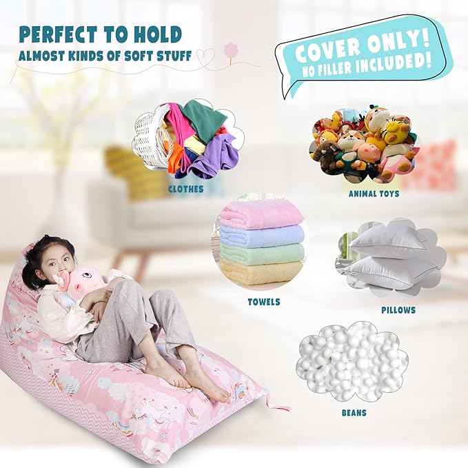 Stuffed Animal Storage Bean Bag Chair Cover, Cotton Pink Unicorn Plush Toy Storage Stuff and Sit Seat for Kids/Teens/Adults, 52" x 31" Extra Large Triangle Floor Sofa, 200L/52Gal, Cover Only - LeafyLoom