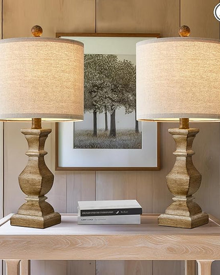 PoKat 20.5" Mid Century Table Lamp Sets of 2 for Living Room Retro Style Farmhouse Table Lamp for Bedroom Classic Beige Resin Bedside Night Light Lamps - LeafyLoom