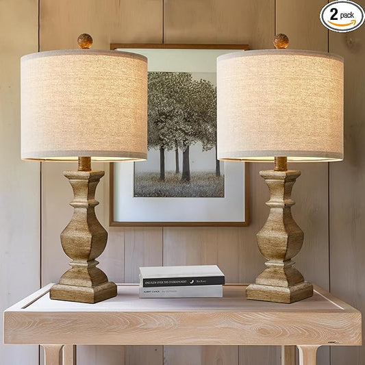 PoKat 20.5" Mid Century Table Lamp Sets of 2 for Living Room Retro Style Farmhouse Table Lamp for Bedroom Classic Beige Resin Bedside Night Light Lamps - LeafyLoom
