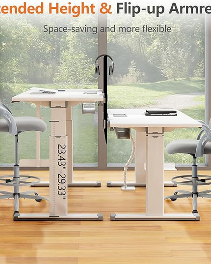 Sweetcrispy Home Office Drafting Desk Chair - Ergonomic High Stool Computer with Adjustable Height and Comfy Lumbar Support, Tall Rolling Task for Standing Desk with Flip-up Arm and Footrest, Grey - LeafyLoom