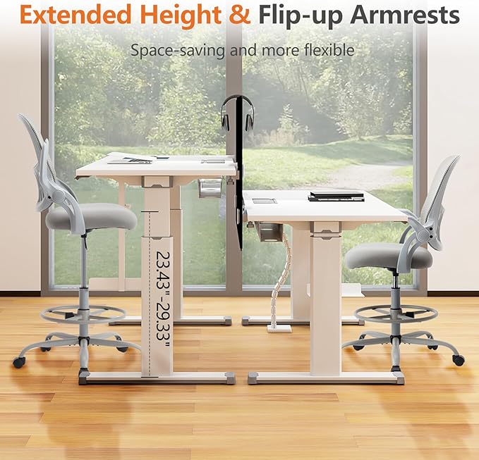 Sweetcrispy Home Office Drafting Desk Chair - Ergonomic High Stool Computer with Adjustable Height and Comfy Lumbar Support, Tall Rolling Task for Standing Desk with Flip-up Arm and Footrest, Grey - LeafyLoom