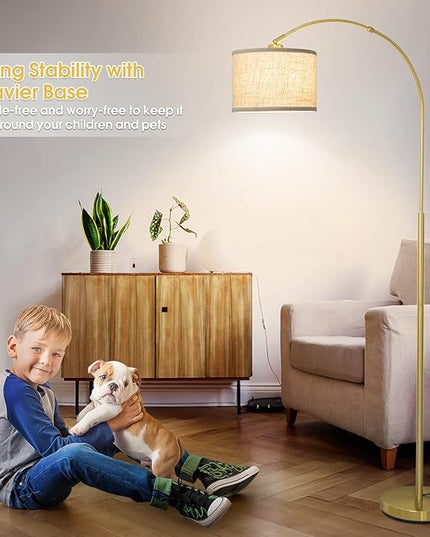 Gold Floor Lamp, Arc Floor Lamp for Living Room with Adjustable Drum Lampshade, Modern Tall Standing Lamp with On/Off Foot Switch, Over Couch Arched Reading Light for Reading, Bedroom, Office - LeafyLoom