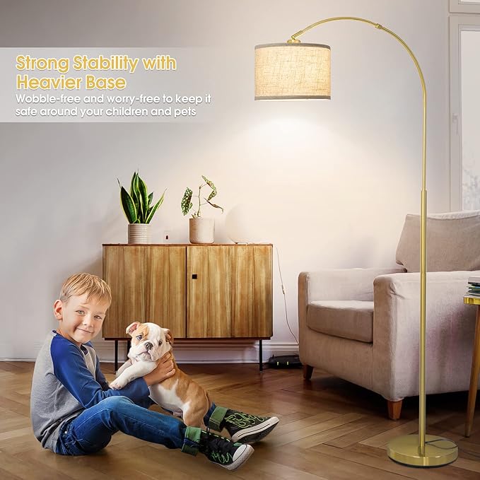 Gold Floor Lamp, Arc Floor Lamp for Living Room with Adjustable Drum Lampshade, Modern Tall Standing Lamp with On/Off Foot Switch, Over Couch Arched Reading Light for Reading, Bedroom, Office - LeafyLoom