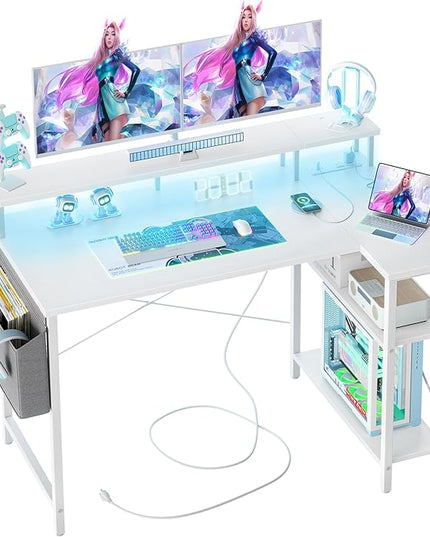 L Shaped Gaming Desk with Power Outlets, 47 Inch Computer Desk with LED Lights and Reversible Shelves, Corner Desk Work Desk for Home Office Bedroom, White - LeafyLoom