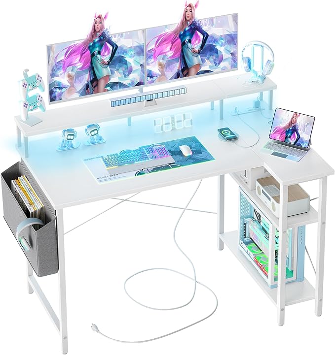 L Shaped Gaming Desk with Power Outlets, 47 Inch Computer Desk with LED Lights and Reversible Shelves, Corner Desk Work Desk for Home Office Bedroom, White - LeafyLoom