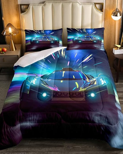 Erosebridal Racing Car Comforter Set King Size Racing Game Duvet Set Speed Car Quilt Set Extreme Sports Bedding Set for Kids Boys Teens Young Man Adult Gifts Kids Car Theme Room Decorative - LeafyLoom