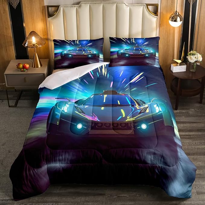 Erosebridal Racing Car Comforter Set King Size Racing Game Duvet Set Speed Car Quilt Set Extreme Sports Bedding Set for Kids Boys Teens Young Man Adult Gifts Kids Car Theme Room Decorative - LeafyLoom