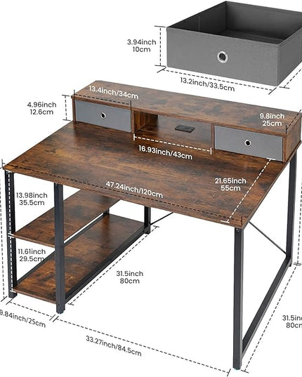 TOPSKY 47”x 31.5” Computer Desk with Drawers, Monitor Stand, Storage Shelf, 3-Port Charging Station (BLACK) - LeafyLoom