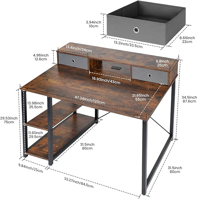 TOPSKY 47”x 31.5” Computer Desk with Drawers, Monitor Stand, Storage Shelf, 3-Port Charging Station (RUSTIC BROWN) - LeafyLoom