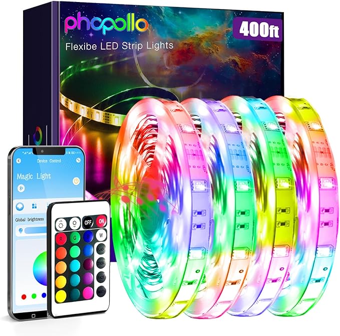 phopollo Bluetooth 24V Led Strip Lights 400ft (4 Rolls of 100ft), Color Changing LED Lights for Bedroom, Kitchen Decor, App Control and Music Sync Phopollo