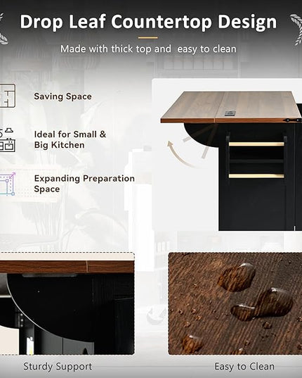 54.5" Farmhouse Island with Power Outlet & Drop Leaf, Rolling Kitchen Cart on Wheels w/Internal Storage, Spice, Towel Rack and Drawers, for Home, Dining Room, Black, 54.5 Inch - LeafyLoom