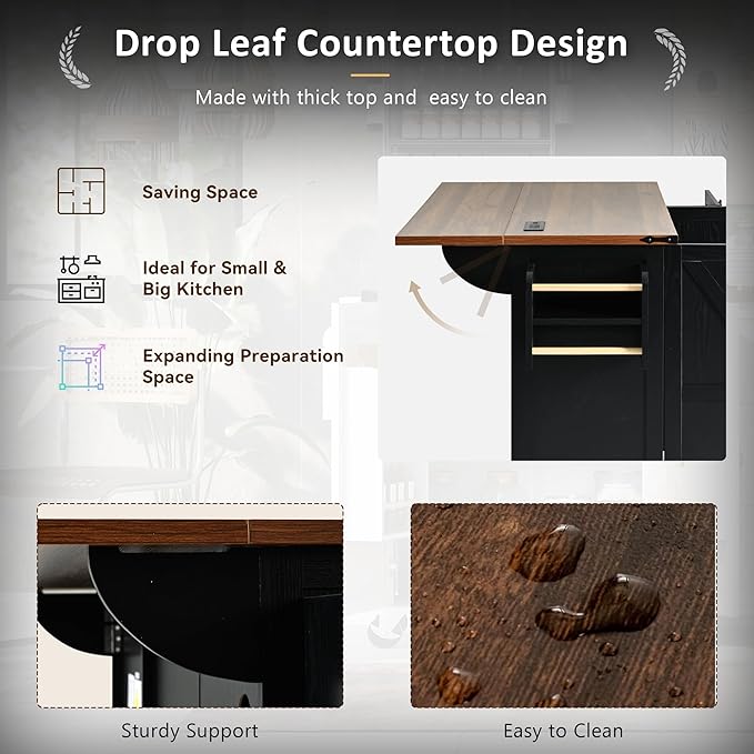 54.5" Farmhouse Island with Power Outlet & Drop Leaf, Rolling Kitchen Cart on Wheels w/Internal Storage, Spice, Towel Rack and Drawers, for Home, Dining Room, Black, 54.5 Inch - LeafyLoom