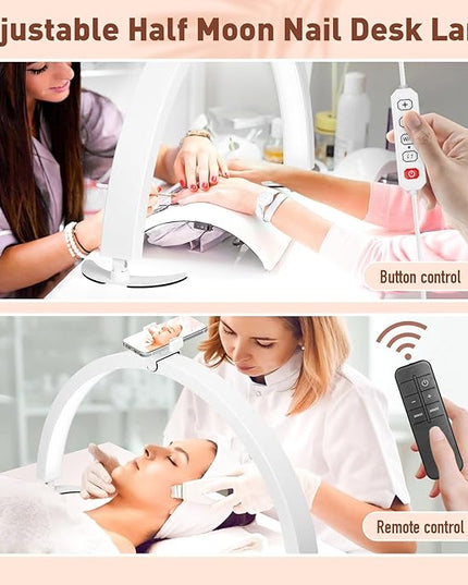 HITTI Half Moon Light for Nail Desk with Phone Holder, Foldable Nail Tech Light, Lash Table Lamp with Wire Controller & Remote, 7 Color Modes 10 Brightness for Extension Tattoo Craft Beauty - White - LeafyLoom