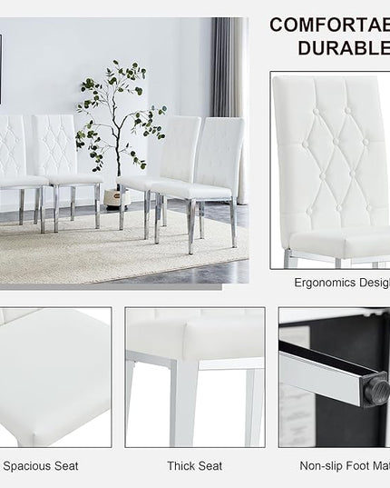 NicBex Dining Chairs Set of 4 Modern PU Dining Room Kitchen Chairs with Embedded Button High Backrest,Silver Metal Legs,Chairs for Dining Room, Kitchen,Living Room, and Restaurants,White - LeafyLoom