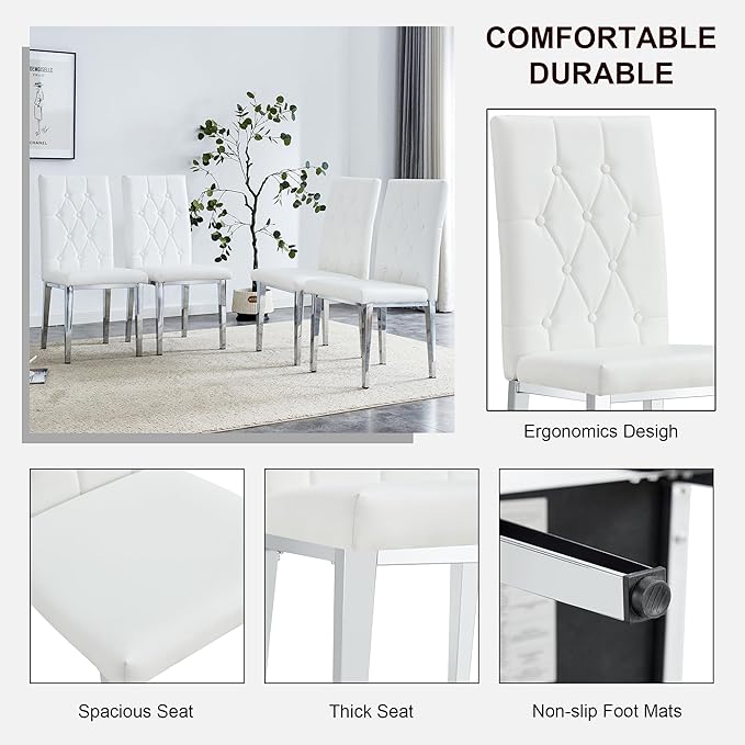 NicBex Dining Chairs Set of 4 Modern PU Dining Room Kitchen Chairs with Embedded Button High Backrest,Silver Metal Legs,Chairs for Dining Room, Kitchen,Living Room, and Restaurants,White - LeafyLoom