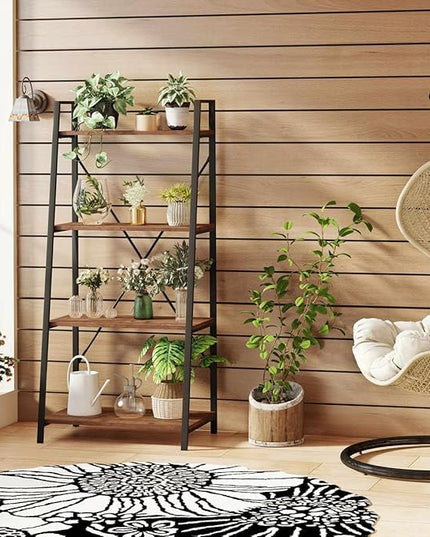 BON AUGURE Industrial Ladder Shelf Bookcase, 4 Tier Rustic Ladder Bookshelf, Standing Leaning Book Shelves for Living Room (Rustic Oak) - LeafyLoom