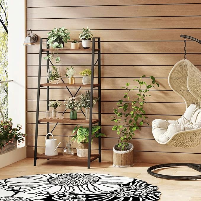 BON AUGURE Industrial Ladder Shelf Bookcase, 4 Tier Rustic Ladder Bookshelf, Standing Leaning Book Shelves for Living Room (Rustic Oak) - LeafyLoom