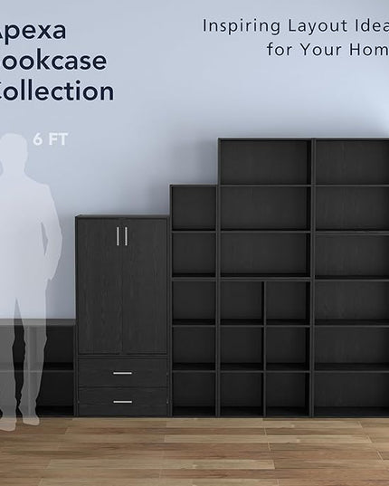 Apexa Stackable Wood Bookcase with Doors, Cube Storage Organizer Shelves, Small Food Pantry, Dorm Teen Room Decor & Bedroom, Home Office, Kitchen, 3-Tier Cabinet, Black - LeafyLoom