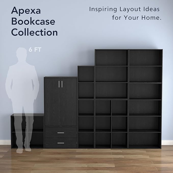 Apexa Stackable Wood Bookcase with Doors, Cube Storage Organizer Shelves, Small Food Pantry, Dorm Teen Room Decor & Bedroom, Home Office, Kitchen, 3-Tier Cabinet, Black - LeafyLoom