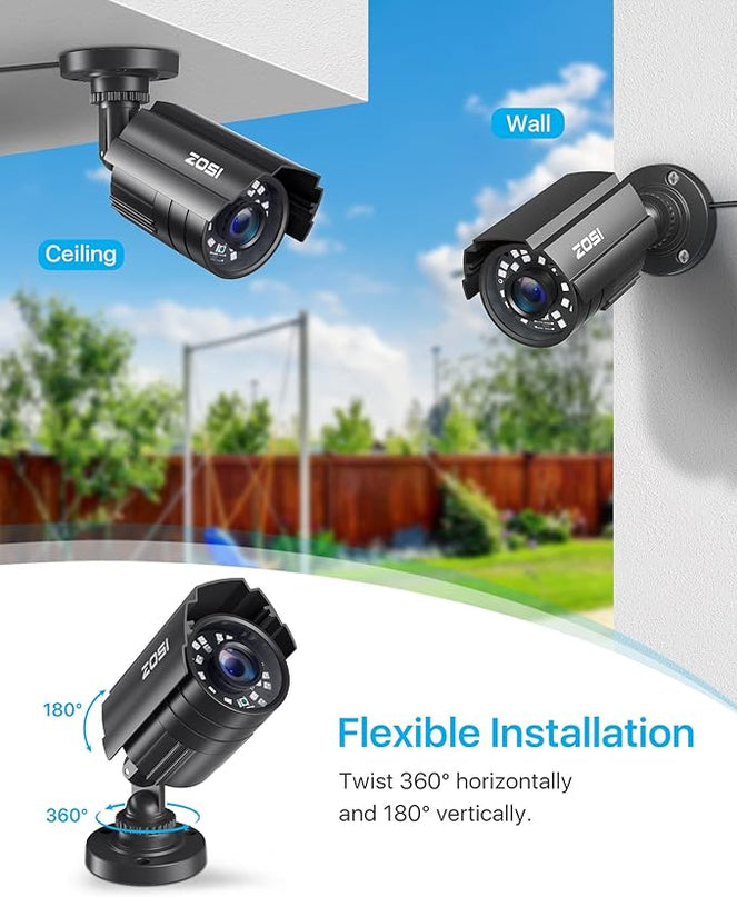 ZOSI 4 Pack 1080P 1920TVL Home Security Cameras Outdoor Indoor, Night Vision, IP66 Weatherproof 2MP Surveillance Camera, Work For 720P/1080P/5MP/4K HD-TVI,AHD,CVI analog CCTV DVR System (Black) ZOSI