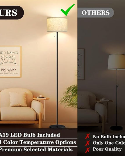 VerRon Floor Lamp for Living Room, Standing Lamp with 3 Color Temperatures LED Bulb, Tall Lamp for Bedroom Office, Black Floor Lamp with Pull Chain, Modern Corner Floor Lamp Bright Light - LeafyLoom