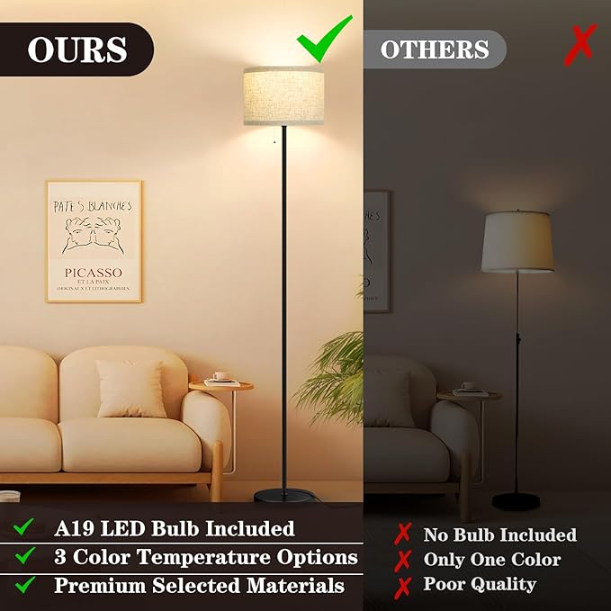 VerRon Floor Lamp for Living Room, Standing Lamp with 3 Color Temperatures LED Bulb, Tall Lamp for Bedroom Office, Black Floor Lamp with Pull Chain, Modern Corner Floor Lamp Bright Light - LeafyLoom