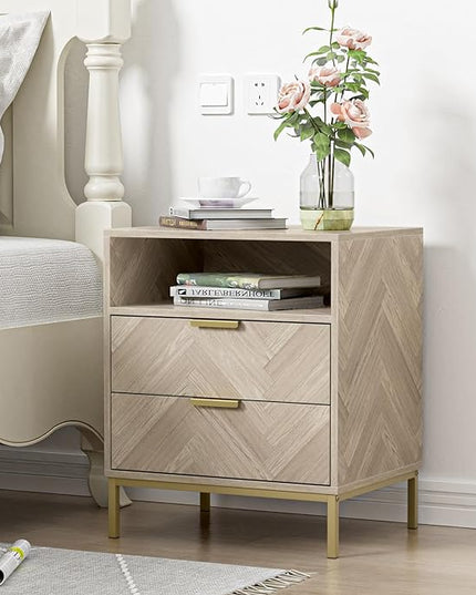 Anmytek Modern Nightstand for Bedroom, 2 Drawer Nightstand Square Bedside Table End Table with Storage for Bedroom, Sofa Side Table 2 Drawer Nightstand, Natural Oak, H0103 - LeafyLoom