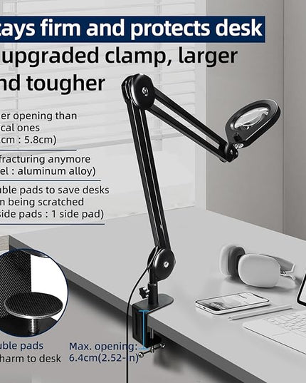 LED Magnifying Lamp with Premium Swing Arm, 5X Magnifying Glass with 5-Color Dimmable Light, Heavy-Duty Work Lamp Hands Free for Crafts, Precision Work, Estheticians - New Rotary Switch Design - LeafyLoom
