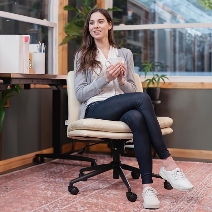 Criss Cross Chair with Wheels - Cross Legged Office Chair, Wide Armless Desk Chair Comfy Swivel Vanity Chair for Home Office, PU Leather - Beige - LeafyLoom
