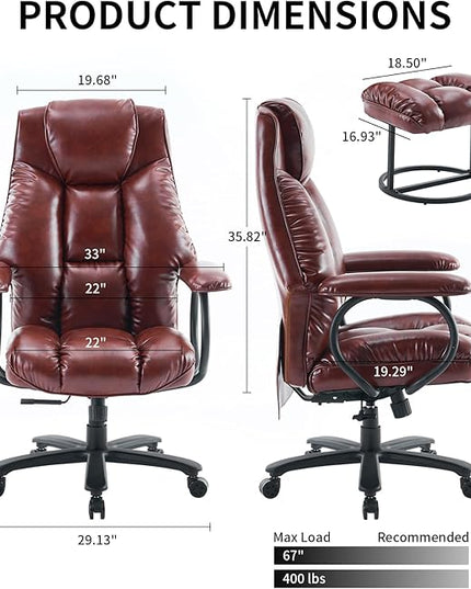 Office Chair Big and Tall, High Back Home Office Chair 400 lbs, Executive Desk Chair, Ergonomic Office Chair with Padded Armrest, Swivel Computer Chair PU Leather (Brown) - LeafyLoom