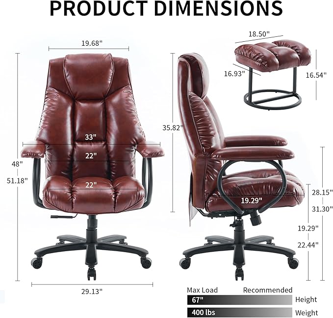 Office Chair Big and Tall, High Back Home Office Chair 400 lbs, Executive Desk Chair, Ergonomic Office Chair with Padded Armrest, Swivel Computer Chair PU Leather (Brown) - LeafyLoom