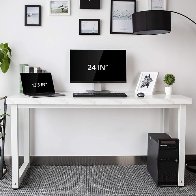 TOPSKY 59" Big Large Computer Office Desk 1.88" Thickness Desktop (White Marble Texture) - LeafyLoom