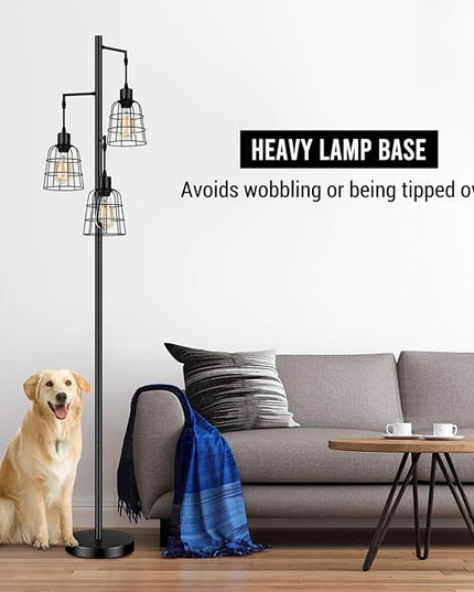 Industrial 3-Light Tree Floor Lamp with Cup-shaped Cages Farmhouse Rustic Tall Standing Lamp for Living Room Vintage Elegant Black Pole Light with Edison E26 Base Metal Shade for Bedroom Office Hotel - LeafyLoom