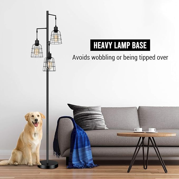Industrial 3-Light Tree Floor Lamp with Cup-shaped Cages Farmhouse Rustic Tall Standing Lamp for Living Room Vintage Elegant Black Pole Light with Edison E26 Base Metal Shade for Bedroom Office Hotel - LeafyLoom