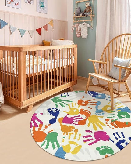 Large Round Rug for Classroom 6 Ft, Colorful Circle Rug for Nursery, Washable Kids Rug for Playroom, Soft Circular Carpet Handprints and Footprints Play Mat for Kids Bedroom Toy Room - LeafyLoom