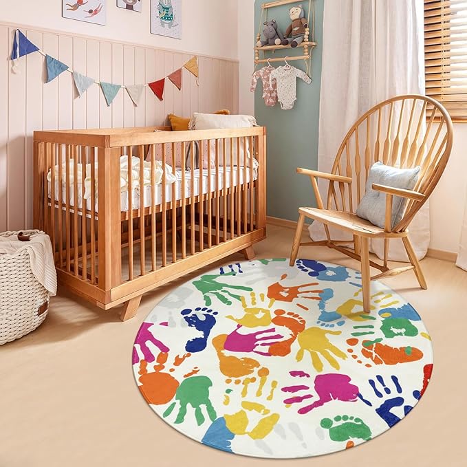 Colorful Round Kids Rug 5 Ft, Machine Washable Rug for Playroom, Non-Slip Circle Rugs for Classroom, Soft Circular Carpet Handprints and Footprints Play Mat for Nursery Bedroom Preschool - LeafyLoom