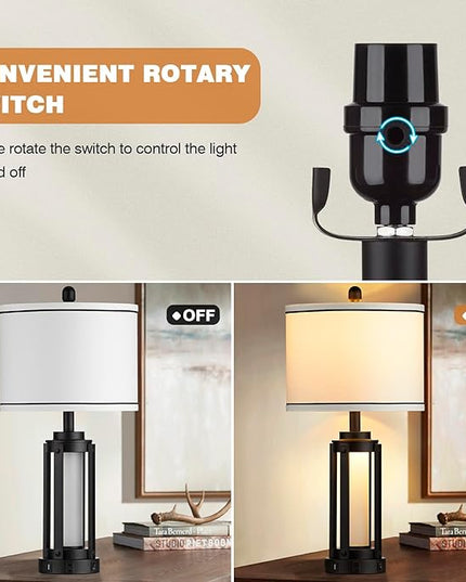 25" Modern Table Lamps Set of 2, Industrial Beside Lamps with USB A+C Charging Ports & AC Outlet, Nightstand Lamp with Glass Night Light for Living Room Bedroom End Table Decor White(4 Bulbs Included) - LeafyLoom