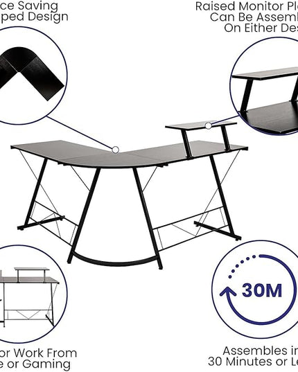 Flash Furniture Ginny Corner Desk - Black/Black Space Saving L-Shaped Gaming Desk with Monitor Shelf - 71.5" 2-Tier Computer Desk, Home Office Desk, Easy Assembly - LeafyLoom