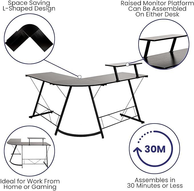 Flash Furniture Ginny Corner Desk - Black/Black Space Saving L-Shaped Gaming Desk with Monitor Shelf - 71.5" 2-Tier Computer Desk, Home Office Desk, Easy Assembly - LeafyLoom