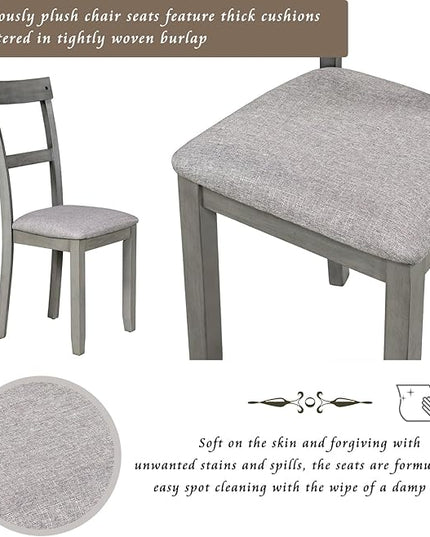 5 Piece Industrial Dining Set with Solid Wood Table and 4 High-density Foam Burlap Upholstered Cushions Chairs for Kitchen, Diningroom, Living Room, Easy to Assemble, Grey-1 - LeafyLoom