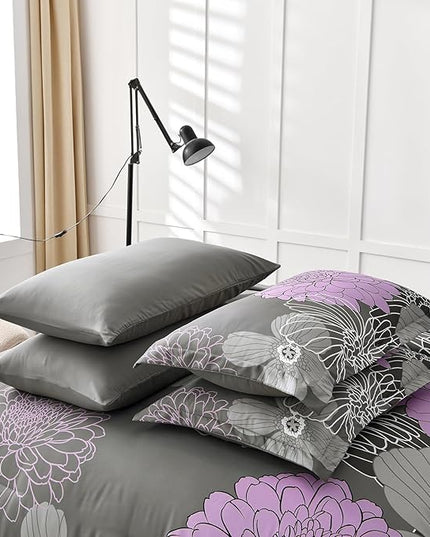 Yiran King Size Comforter Set Grey Purple Comforter Floral Bedding Comforter Set 7 Pieces Soft Microfiber Bed Set for All Seasons 103"×90" - LeafyLoom