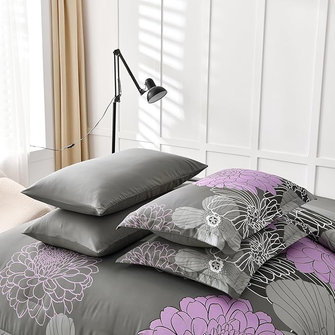 Yiran King Size Comforter Set Grey Purple Comforter Floral Bedding Comforter Set 7 Pieces Soft Microfiber Bed Set for All Seasons 103"×90" - LeafyLoom