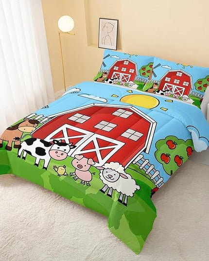 Farm Animals Comforter,Farmhouse Comforter Set for Kids Teens Girls Boys,Cartoon Animals 3Pcs Bedding Set Printed Comforter with 2 Pillowcases,Down Alternative,Soft and Lightweight，Full Size - LeafyLoom